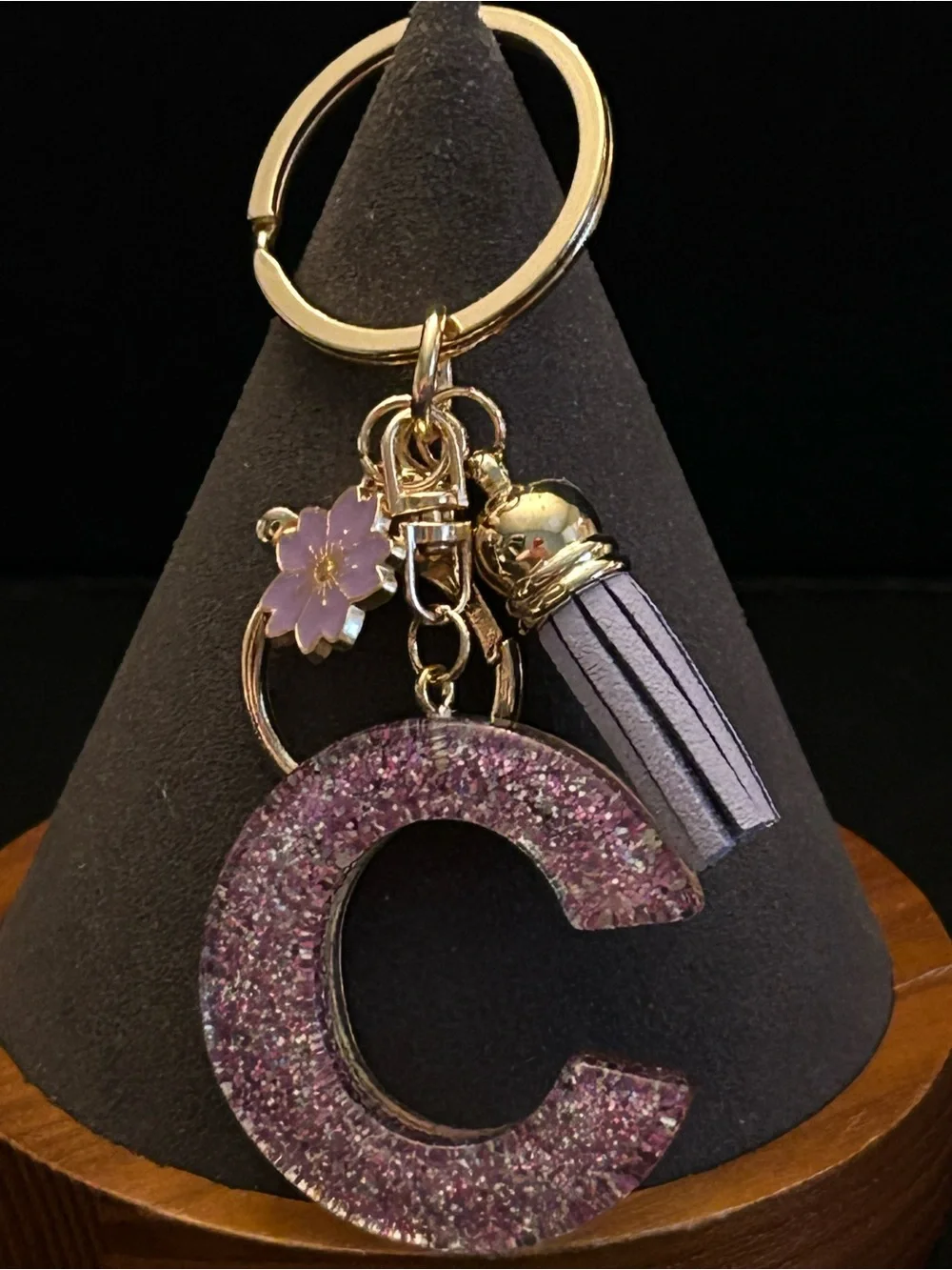 Gold-Tone Key & Card Holder w/Purple Glitter Choice of Initial Charm w/Tassel